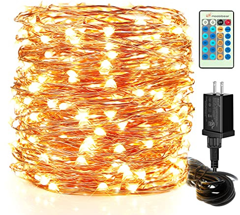 Moobibear LED String Lights, 99ft 300 LEDs Fairy Lights Plug in, Dimmable Outdoor Tree Lights, UL-Listed Warm White Copper String Lights Remote Control for Room Garden Party Christmas Festival Decor