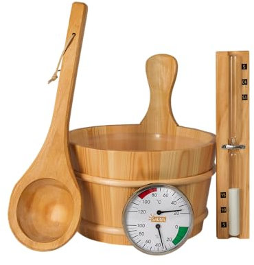 SunnyDeals klassisches Saunazubehörset | Saunaset 5-teilig aus naturbelassenem Holz | Saunaeimer & Kunststoffeinsatz 4l | Saunakelle | Temperaturmessgerät | Sanduhr