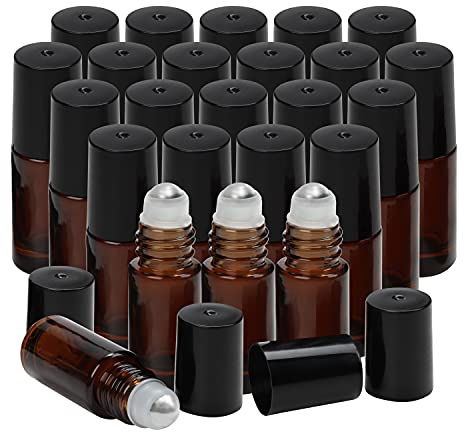 Belle Vous Amber Glass Roll-On-Flaskor (24-Pack) - 5 ml Påfyllningsbara Roll-On Behållare med Rostfria Stålkulor - För Oljor, Aromaterapi, Parfym, Doft, Läppbalsam/Olja och Kosmetika