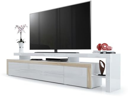 Vladon TV Board Lowboard Leon V3, Made in Germany, Korpus und Überbau in Weiß Hochglanz/Front in Weiß Hochglanz mit Rahmen in Eiche sägerau (227 x 52 x 35 cm)
