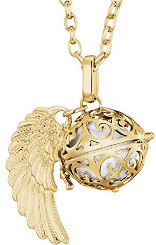Morella collar ángel de la guarda de acero inoxidable oro 70 cm con colgante alas de ángel y bola de resonancia de color blanco 16 mm para damas en bolsa para joyas