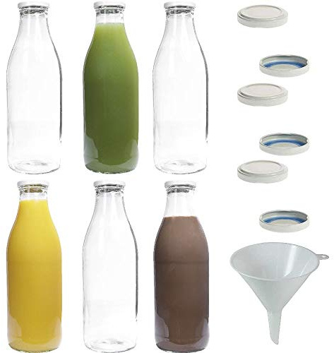 mikken 6x Glasflasche 1 Liter mit 12x PVC freiem Schraubverschluss inkl. Trichter