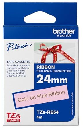 Original Brother textiles Schriftband TZe-RE54 gold auf rosa - 24 mm breit, 4 m lang (u.a. für Brother P-touch H200, H100LB/R, H105, E100/VP, D200/BW/VP, D210/VP,Cube, Cube Plus)