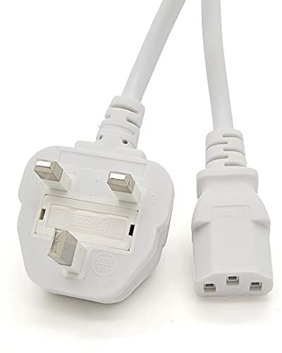 TRD UK White Kettle Lead Power Cable 2M, 3M & 5M 3 pin mains White Power Lead/Power Cord for TV, pc, monitor, plug, cord, printers (1M) (3M)