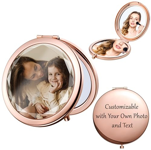Fanery Sue Personalisierter Taschenspiegel, Reisespiegel faltbar, Tragbarer Mini Spiegel für die Handtasche mit 1X/2X Vergrößerung, Kleiner Klappspiegel für Damen mit Spiegelgeschenk(Roségold)