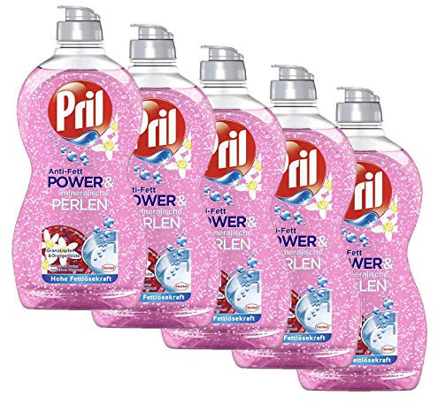 Pril Anti-Fett Power & mineralische Perlen, Granatapfel & Orangenblüte, Spülmittel, 5er Pack (5 x 450 ml)