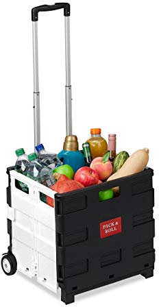 Relaxdays Einkaufstrolley klappbar, mit Teleskopgriff, Rollen, Transporttrolley bis 35 kg, 50 Liter Kiste, schwarz/grau