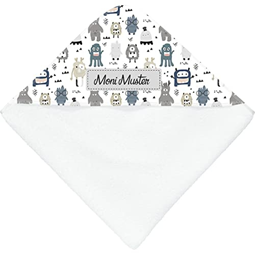 Manutextur Kapuzenbadetuch mit Namen - personalisiert - Motiv Monster grau - viele Motive - Kapuzenbadetuch- weiß - Größe 80x80 cm - persönliches Geschenk mit Wunsch-Motiv und Wunsch-Name