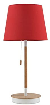 F BRIGHT Lámpara de Mesa con USB, pie de madera y tulipa de tela (Rojo)