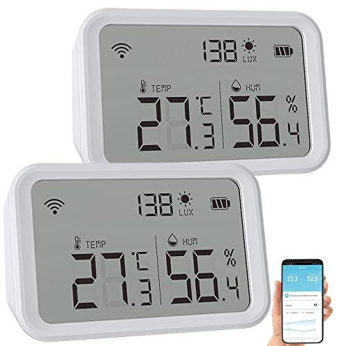 Luminea Home Control Smarthome-Schalt-Sets: 2er-Set 3in1-WLAN-Sensoren: Temperatur, Luftfeuchtigkeit & Helligkeit (Dämmerungsschalter WLAN, Lichtsensor außen)