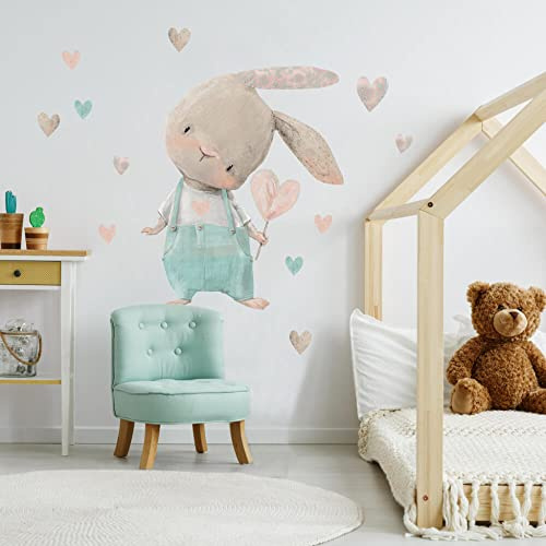 INSPIO Wandtattoo Aquarell Hase & Ballon Herzsticker Aufkleber Babyzimmer Wandsticker Baby Wanddeko Kinderzimmer (N.1.)