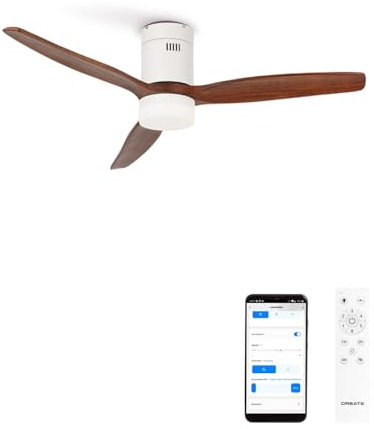 CREATE / WINDCALM M/Deckenventilator ABS mit Beleuchtung Weiß Dunkelholzflügel-Optik mit WLAN und Fernbedienung/Leise, 40W, Ø132cm, Timer von 1 bis 4 Std., Sommer-Winterbetrieb