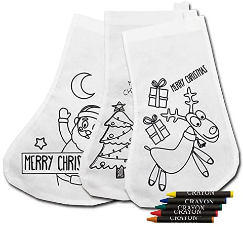 Lote de 30 Calcetines de Navidad para colorear con dibujos navideños, con 5 ceras. Regalos baratos infantiles, calcetín navideño para colgar, regalos para AMPAS guarderías y colegios