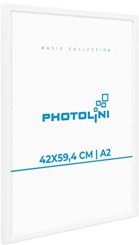 PHOTOLINI Bilderrahmen A2 Weiß Holz MDF, Picture Frame Rahmen 42x59,4 mit bruchsicherem Acrylglas, DIN A2 Bilderrahmen weiß 42x60 zum Aufhängen, mit Zubehör - A 2 Frames für Fotos & Poster