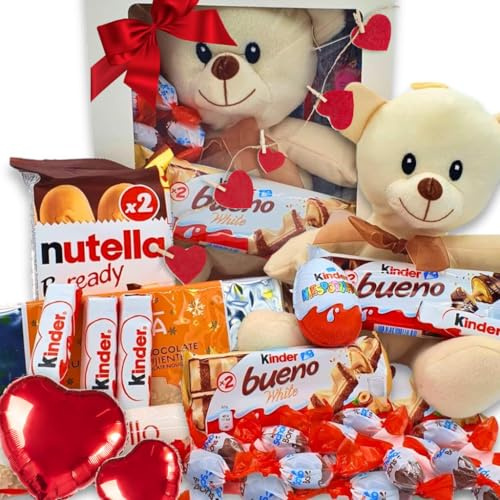 IAMI Caja Regalo de Chocolates y Bombones con Osito de Peluche Blanco | Huevo con sorpresa | 10 huevitos y 4 chocolatinas | 2 barritas de avellana | Para San Valentín y aniversarios