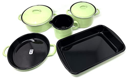 Riess 0508-031, Kochtopfset, Family Emailset 5teilig, GREEN, Farbe hellgrün, Fleischtopf mit Deckel 16cm, Kasserolle 20cm, Schnabeltopf 12cm, Bratpfanne 32x21cm, Eierpfanne 22 cm, 38x28x28 cm
