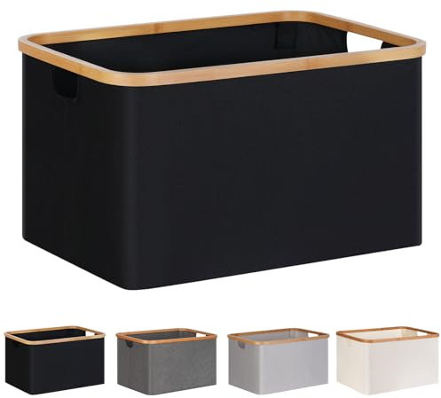 efluky Faltbarer Wäschekorb 60L, Bambus Stoff Faltbarer Storage Basket, Aufbewahrung Klappbar Wäschekorb, Laundry Baskets für Schlafzimmer Badezimmer (Schwarz)