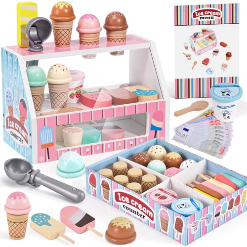 Heladeria Juguete de Madera para Niños, Tienda de Helados Accesorios de Cocina con Alimentos de Juguete Dinero para Jugar, Helados Madera Juguete Juego Educativos Regalo para Niñas Niños 3 4 5 6 años