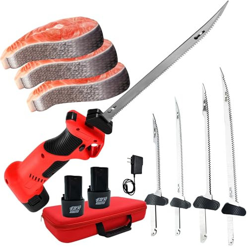 HYQNG Coltello per sfilettare Pesce Senza Fili, Coltello Elettrico per sfilettare Pesce con 4 Lame Alternative antiaderenti rivestite in nitruro di Titanio,Coltello da Intaglio Ricaricabile,Chiusura