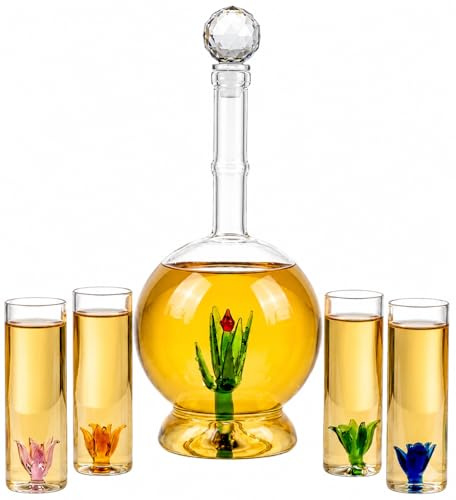 Tequila Aloe Decanter Set with Agave Plant - 750mL Bottle, Four Shot Glasses, Glass Agave Design, Ideal for Bars Tequila Parties, Unique Gift for Him or Her, Stylish Home Decor Piece for Any Occasion