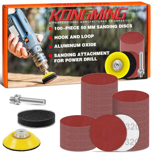 KONGMING 100 Pcs 50mm Sanding Discs 320 Grit Hook and Loop | Aluminium Oxide Sandpaper Drill Attachment 50mm Sanding Pads for Wood Metal Wall Polishing