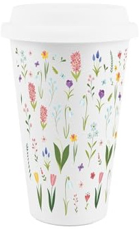 Spring Flowers Ceramic Travel Mug - Bright Wildflower Meadow Reusable Silicone Lid Double-Walled Insulated Hot/Cold Drinks Tea Coffee Gift Mug