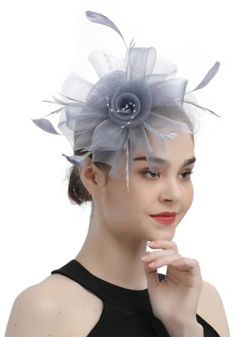 Fascinator aus Netzstoff für Damen, Teeparty, Fascinator, Hochzeit, Blumenfedern, Stirnband, Derby-Hüte, grau, Einheitsgröße