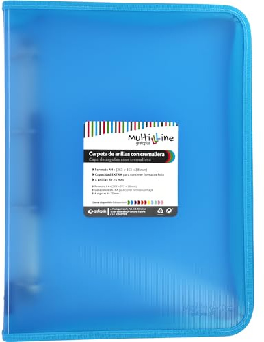 Grafoplás A4+ ringpärm med dragkedja, ljusblå, multiline, 4 blandade ringar 25 mm, vertikal randig polypropylenskydd, extra kapacitet för pappersark i folioformat