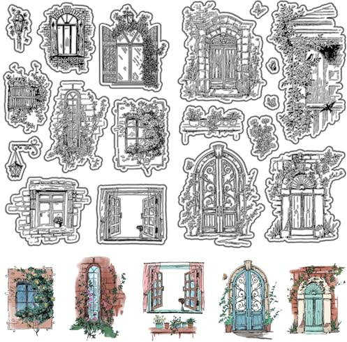 craspire 2 Stil Gartenfenster Klare Gummistempel Vintage Frühlingsblumen Tür Wiederverwendbare Transparente Silikonstempelsiegel Für DIY Scrapbooking Journaling Kartenherstellung Dekor Fotoalbum