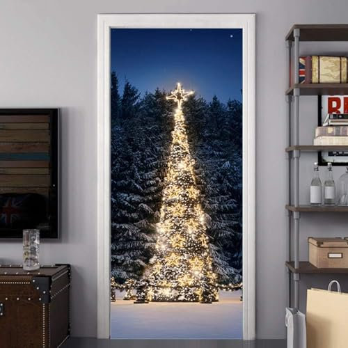Papel Pintado Puerta 3D Navidad Copos De Nieve Árbol De Navidad Autoadhesivos Puerta Carteles Puerta Murales Puerta Arte Mural Puerta Foto Puerta 77 X 200 Cm Para Salón Dormitorio Baño Coc -5V7P3F6G9W