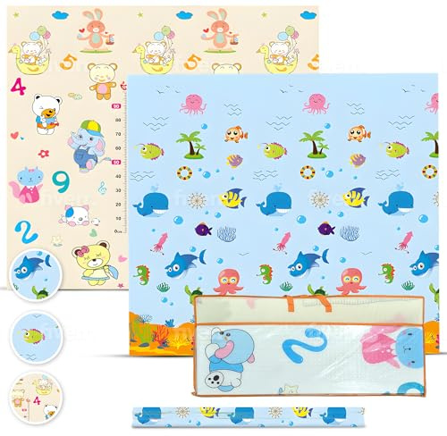 Babybaipro - Gepolsterte faltbare Babyspielmatte 200x180x1 cm, doppelseitige XPE-Krabbelmatte, wasserdicht, ungiftig, Spielteppich für Aktivitäten, Geschenk für Mädchen und Jungen (Ocean/Letters)