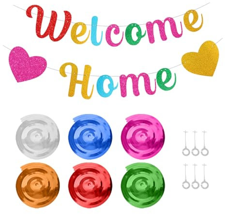 1 pancarta de bienvenida para el hogar, 6 unidades coloridas con colgante en espiral, bandera de bienvenida para el hogar, decoración del hogar, regalo de fiesta