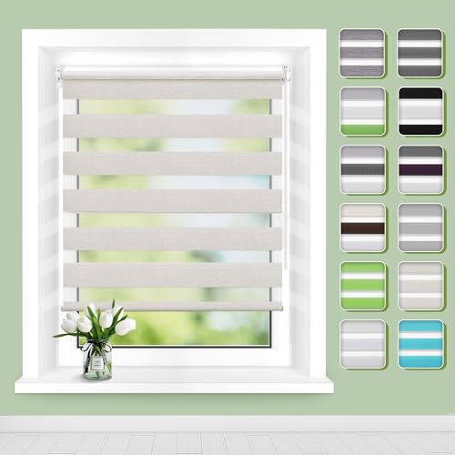 Doppelrollo Klemmfix ohne Bohren, Fensterrollo Innen Klemmrollos für Fenster und Tür B40 x H120cm(Stoffbreite 36cm) Leinen, Buseu Duo Rollo ohne Bohren Easyfix Lichtdurchlässig und Verdunkelnd