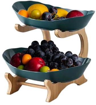 GDWD Obst Etagere mit 2/3 Etagen, Plastik Obstschale Obstkorb Obstteller mit Natürlichem Bambus Ständer Servierteller für Gemüse, Obst, Snacks, Kuchen, Süßigkeiten Aufbewahrung (2 Stöckig Grün)