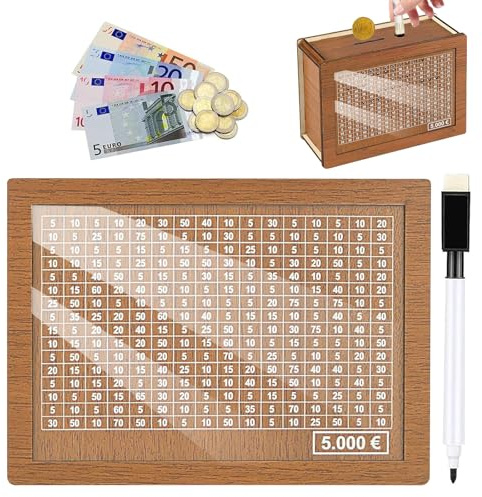 Spardose aus Holz, Sparziel und Zahlen zum Ankreuzen,sparbox mit Zahlen ankreuzen, sparschwein aus Holz mit zähler, spardose, Wiederverwendbare Spardose, für Sparziel (5000€)