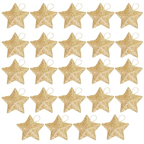 HEOUCH 24 Stück Weihnachtsdeko, Deko Sterne Zum Aufhängen, Stern Weihnachtsbaum, Christbaumschmuck Sterne, Klein Stern Bruchsicher für Baumschmuck, Kamin, Fenster, Tischdeko, Hochzeit (Golden)