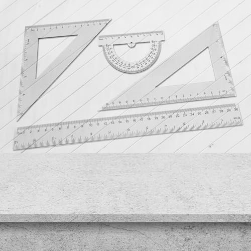 Set di Geometria e Disegno, 4 Pezzi: Righello 30 cm, Squadra 30/60° 19 cm, Squadra 45/90° 14 cm, Goniometro 10 cm – Misurazioni in cm e pollici, Perfetto per Scuola e Ufficio (TRASPARENTE)