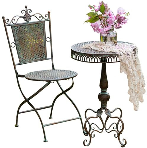 WOTZOV Beistelltisch für den Außenbereich mit Gartenstuhl, runder Allwetter-Terrassen-Couchtisch, Verandatisch, Bistrotisch, Beistelltisch mit Blumenausschnitten