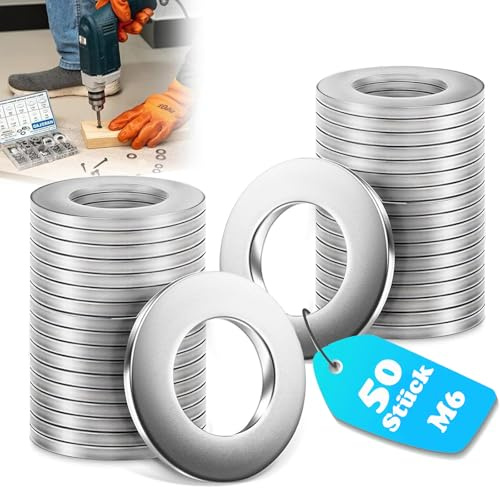 50 Stück Große Unterlegscheiben M6 Unterlegscheiben Edelstahl Beilagscheiben, Karosseriescheiben, Runde Unterlegscheibe M6 x 18mm, rostfreie Metallscheiben für Schrauben Gewindestange Muttern