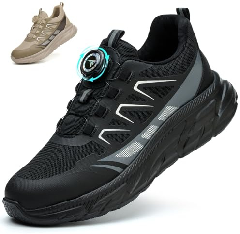 RASEARY Men & Women's Lightweight Steel Toe Cap Trainers, Non Slip Work Safety Shoes, Puncture Proof, Breathable, Industrial Work Shoes with Swivel Buckle Shoelaces, Black, UK 12