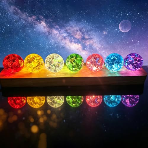 vskikris 40mm 7 Colors Ice Cracked Glass Crystal Chakra Balls with LED Wooden Base Decorative Ornaments for Home Living Room, Night Sphere as Night Light Decoration and Healing Sphere