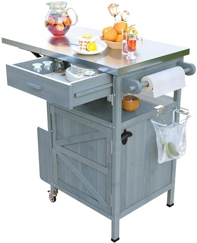 LUMISOL Outdoor Rolling Kitchen Island with Drop Leaf, 40.5 Solid Wood Outdoor Grill Table with Stainless Steel Top, Drawer and Towel Rack, Outdoor Storage Cabinet with Lockable Wheels, Blue Grey