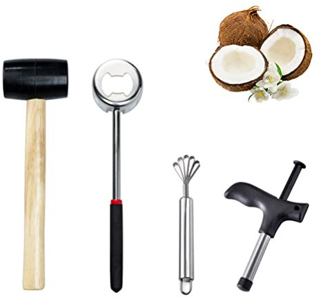 Genérico Set de herramientas para abrir cocos, abridor de carne de coco de acero inoxidable, mango de madera martillo de goma fácil de usar duradero