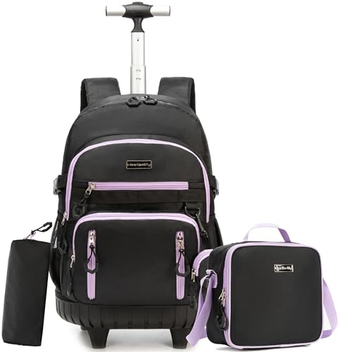 HTgroce Cartabl Fille Primaire Roulette, Trolley Collège/Lycée avec Sac Repas Trousse à Crayons Sac à Dos à Roulette