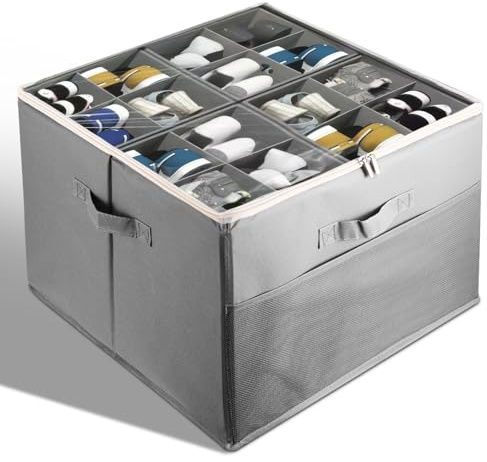 Jasfyee Shoe Organizer for Closet, Foldable Shoe Storage Box Adjustable Dividers and Clear Cover Fabric Shoe Storage Bins Space Saving Shoe Rack with Reinforced Handles