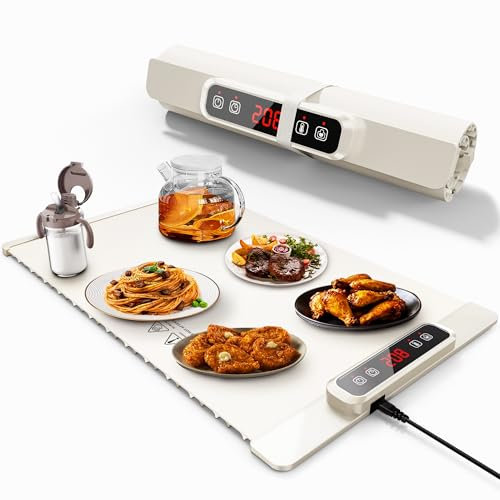 Chauffe Plat Électrique,Portable & pliable avec contrôle de température réglable, matériau en nano-silicone, chauffage sur toute la surface pour maintenir au chaud et décongeler (Beige)