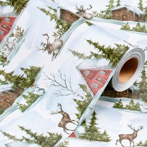 Wikadlik Aquarell-Weihnachtsgeschenkpapier, 43 cm x 10 m, Weihnachtsbaum und Haus, Rentier-Muster, Geschenkpapierrolle für Urlaub, Winter, Party, Feier, DIY Handwerk