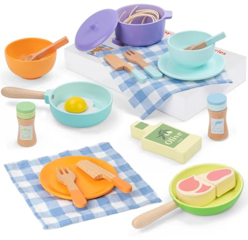 FMSKS Set Cucina Bambini in Legno 21 Pezzi con Pentole e Accessori, Giocattolo Educativo Montessori e Gioco di Ruolo per Creatività, Età 3+ Anni