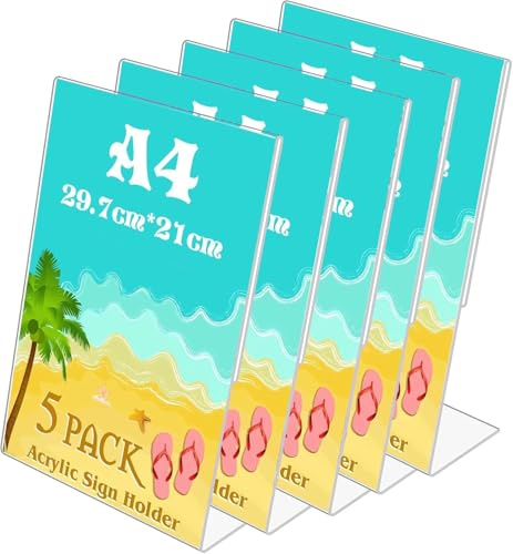 5 Stück A4 Aufsteller L Form, Preisschilder Aufsteller Tischaufsteller Acryl Ständer, Tischschildhalter, Kunststoff Foto Bilderrahmen, Broschürenhalter für Restaurants, Hochzeit, Cafe, Hotels