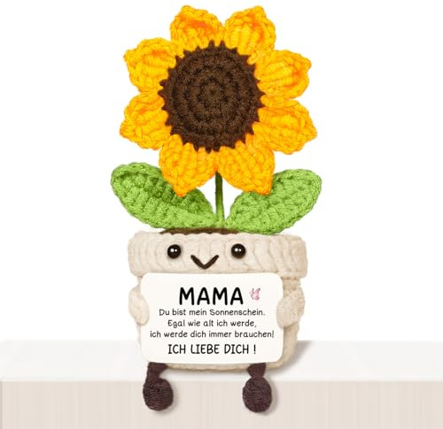 Giftasy Mama Geschenk - Handgemachte Gehäkelte Sonnenblume mit Energiekarte, Geburtstagsgeschenk für Mama, Mutter Geschenke zum Geburtstag, Muttertagsgeschenke